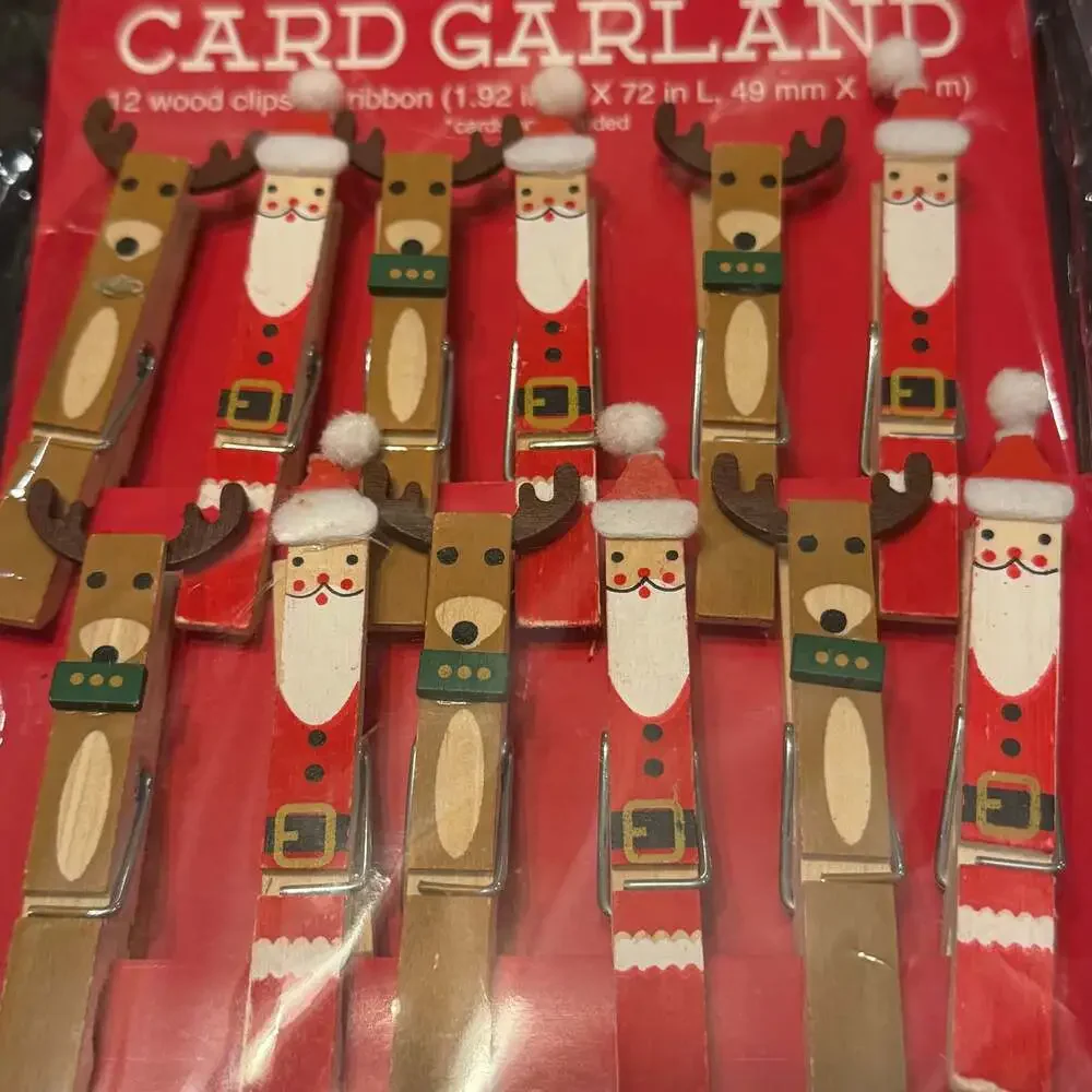2 Design Focus Holiday Card Garlands + clips Santa, Reindeer, Snowman & Tree